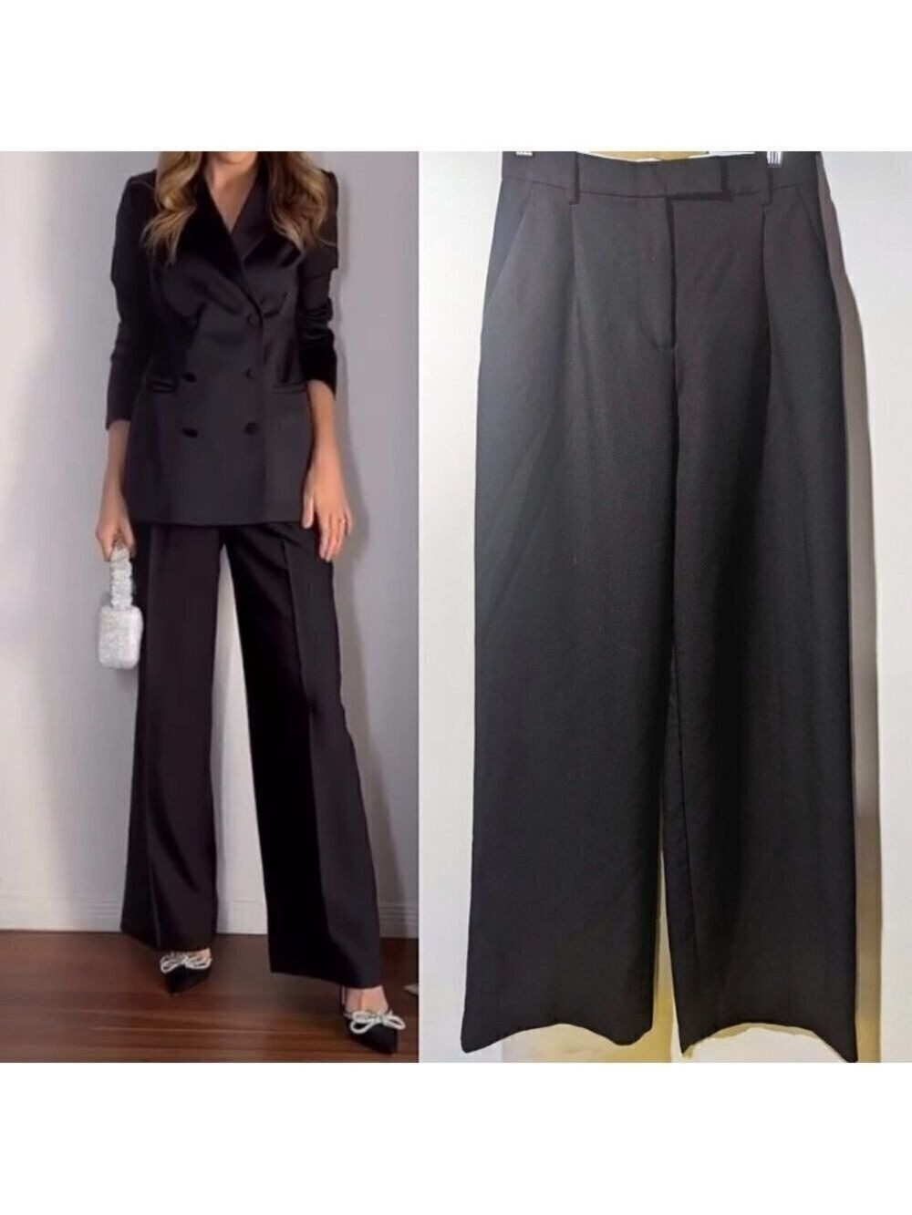 NEW Zara | Pleated Wide-leg Trousers in Black